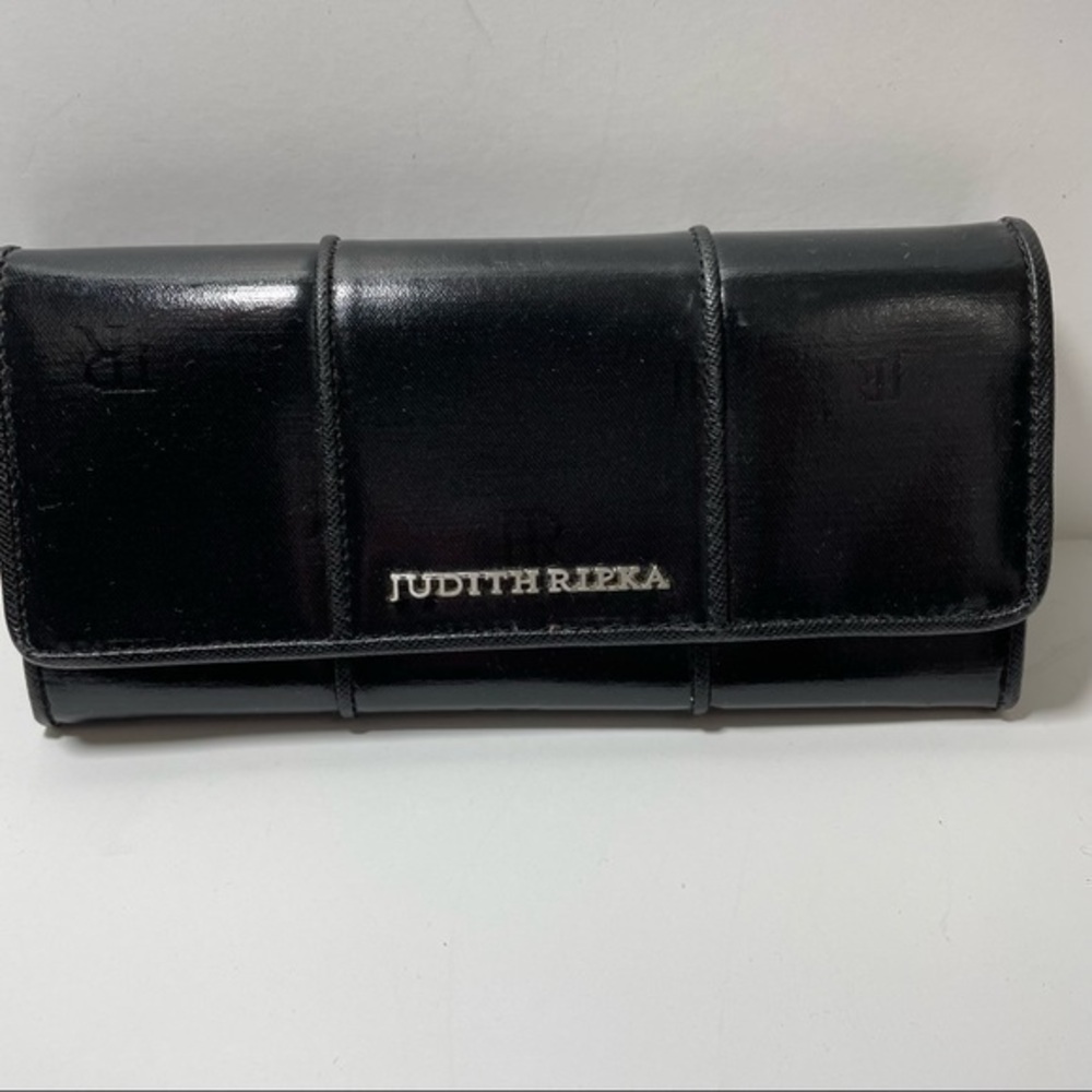 Judith ripka Bedford leather long wallet black silver logo bifold snap closure